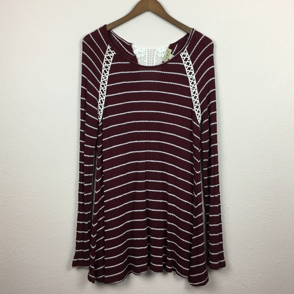 One World | LS Waffle Knit Tunic, Lace Detail